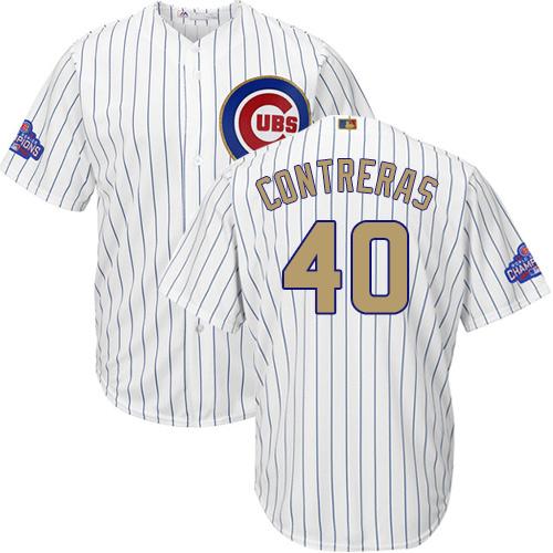 Cubs #40 Willson Contreras White(Blue Strip) Gold Program Cool Base Stitched MLB Jersey - Click Image to Close